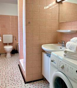 a bathroom with a washer and a washing machine at Ferienhaus Anni in Kreuth