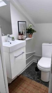 a bathroom with a white sink and a toilet at Cozy City apartment in Holbæk