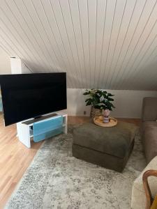 a living room with a flat screen tv and a couch at Cozy City apartment in Holbæk