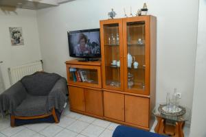 a entertainment center with a television and a chair at ΣΠΙΤΙ ΜΕ ΚΗΠΟ in Athens