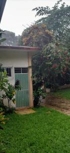 een huis met een groene deur en een boom met roze bloemen bij Casa de Doña Horte in Catemaco