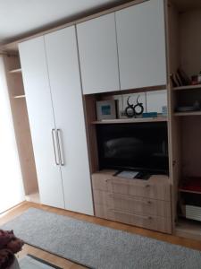 a living room with white cabinets and a tv at Villa Casa sol-rural residence near Linz in Katsdorf