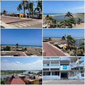 eine Reihe von Fotos von Gebäuden und dem Strand in der Unterkunft Hotel MARU Pool & Events in Chachalacas