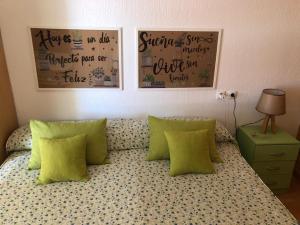 Dormitorio con cama con almohadas y carteles en la pared en Apartamento 335 Hotel Flamero, en Matalascañas