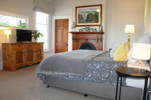 a bedroom with a bed and a tv and a fireplace at The Suite - Huntly House in Auckland