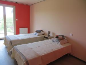 2 Betten in einem Zimmer mit roten Wänden und einem Fenster in der Unterkunft Gîte de la Vallée des Dames in Juvigny-sur-Loison