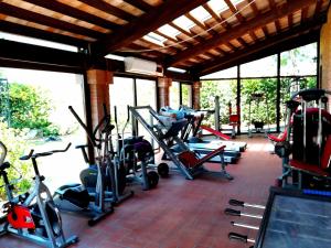 科里亞諾的住宿－Villa con Piscina，带有氧器材的健身房,位于带窗户的大楼内