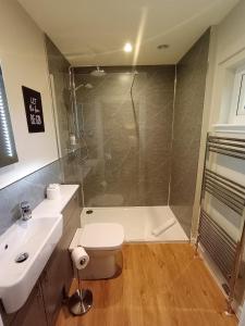 a bathroom with a shower and a toilet and a sink at Breckland Lodge 1 with Hot Tub in Belladrum +17 photos