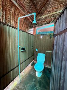 にあるGạo Farmstayの木製の壁のバスルーム(青いトイレ付)