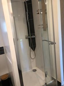 um chuveiro com uma porta de vidro na casa de banho em Hameau de Chantelierre em Éguilles