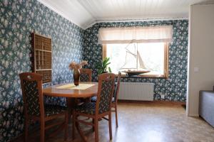 d'une salle à manger avec une table, des chaises et une fenêtre. dans l'établissement Bed & Breakfast Restaurang Sybarit, à Houtskari