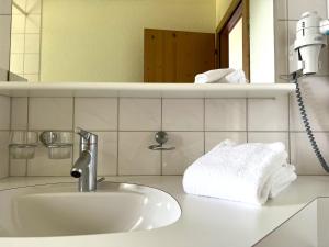 a bathroom with a sink and a mirror at Hotel und Naturhaus Bellevue in Seelisberg