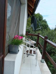a patio with a table and flowers on a balcony at Etno Dušnik 