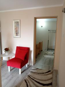 une chaise rouge et une table dans une pièce dans l'établissement Etno Dušnik, 