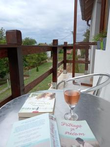 un livre et un verre de vin sur une table dans l'établissement Etno Dušnik, 