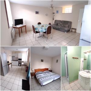 drie foto's van een woonkamer en een slaapkamer bij Quelques Fleurs in La Roche-Posay