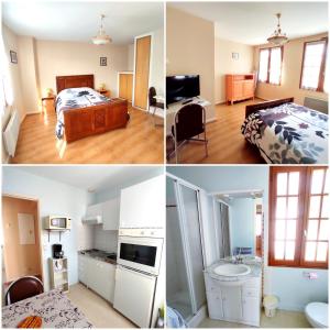4 fotos de un dormitorio y un baño en Quelques Fleurs, en La Roche-Posay