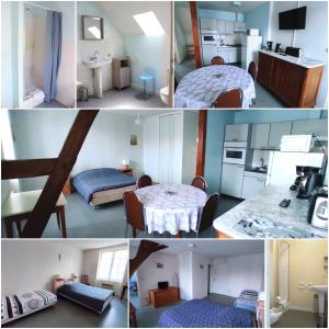 a collage of four pictures of a room at Quelques Fleurs in La Roche-Posay