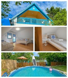 un collage de fotos de una casa y una piscina en Villa Popeye Jakuzzis nyaralóház, en Békésszentandrás