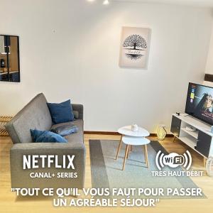 uma sala de estar com um sofá e uma televisão em L'authentique - duplex route des vins - Free Wifi em Turckheim