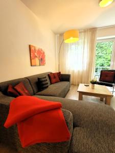 a living room with a gray couch with red pillows at Winterberg Appartement 21085 in Winterberg