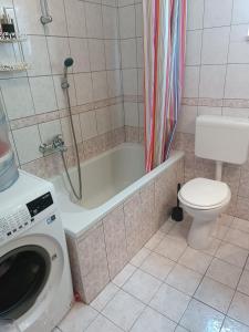 a bathroom with a tub and a toilet and a washing machine at Promajna apartman in Promajna