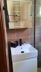 a bathroom with a white sink and a mirror at Villa Despina in Nea Iraklia