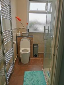 a small bathroom with a toilet and a window at Large Double Room with Private Toilet and Shower in Southend-on-Sea