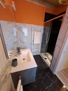 uma casa de banho com um lavatório e um chuveiro em Ca Jole em Burano