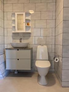 ein Bad mit einem WC und einem Waschbecken in der Unterkunft Lägenhet med egen entré i centrala Dalsjöfors in Dalsjöfors