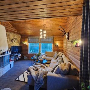 ein Wohnzimmer mit einem Sofa in einem Holzzimmer in der Unterkunft Bjørnebu- Ski in-ski out in Kvam
