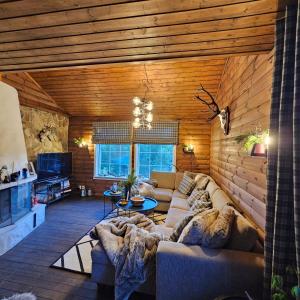 a living room with a couch in a wooden room at Bjørnebu- Ski in-ski out in Kvam