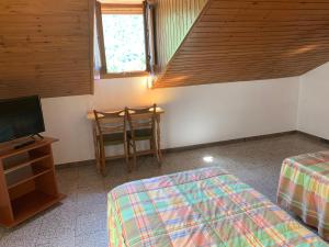 Cette chambre comprend deux lits, une table et une télévision. dans l'établissement Alberg Vall de Boi, à Barruera