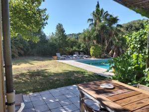 een achtertuin met een tafel en een zwembad bij La provençale in Roquevaire