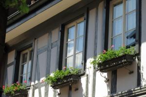 Una ventana de un edificio con flores. en Ferienwohnung Sester, en Gengenbach