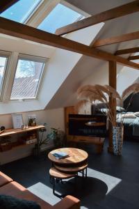 een woonkamer met een gewelfd plafond met dakramen bij Loft 32 in Winsum