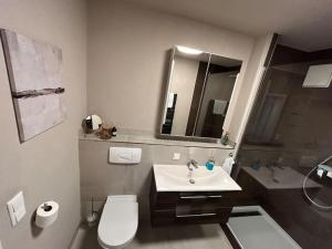 a bathroom with a sink and a toilet and a mirror at Ferienwohnung an der Messe *inkl. Garage* in Erfurt +12 photos