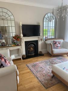 sala de estar con chimenea y TV en Giffnock Rooms, en Giffnock