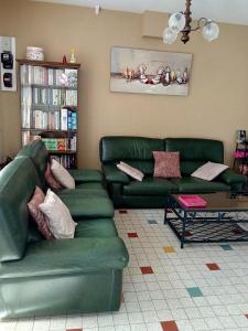 sala de estar con sofá verde y mesa en Le claujovin en Méry-sur-Seine