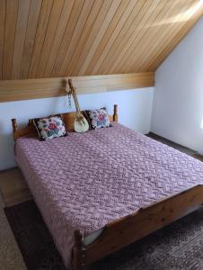 Vraneša的住宿－Smeštaj Milekić - Nova Varoš，一间卧室设有一张木天花板床。