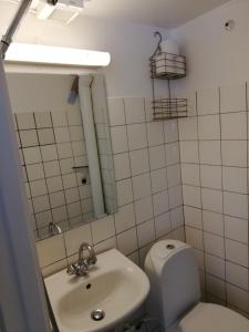 a bathroom with a sink and a toilet and a mirror at Centrum Aarhus in Aarhus