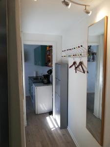 a kitchen with a refrigerator and a sink and a mirror at Centrum Aarhus in Aarhus