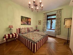 een slaapkamer met een bed en een kroonluchter bij Zum Hölltor in Überlingen +32 foto's