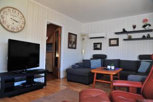 a living room with a couch and a tv at Fredelig med naturskjønn omgivelse, midt i Lofoten in Jerstad