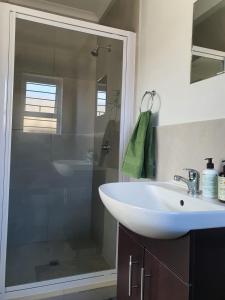 uma casa de banho com um lavatório e uma cabina de duche em vidro. em Stellenbosch Idasvalley Gem em Stellenbosch