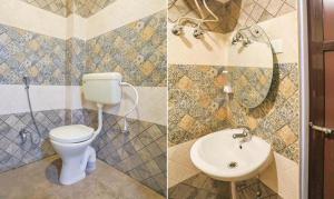 two pictures of a bathroom with a toilet and a sink at FabExpress Namaste Kashi in Varanasi
