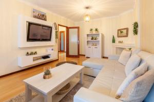 uma sala de estar com um sofá branco e uma televisão em Apartamento Hibiscos - Minho's Guest em Braga