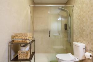 uma casa de banho com um WC e uma cabina de duche em vidro. em Apartamento Hibiscos - Minho's Guest em Braga