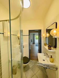 a bathroom with a glass shower and a sink at Ferienwohnung Blau in Bad Zwischenahn +15 photos