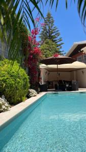 a swimming pool in front of a house with an umbrella at Studio with Private Swimming Pool and Garden in Cascais